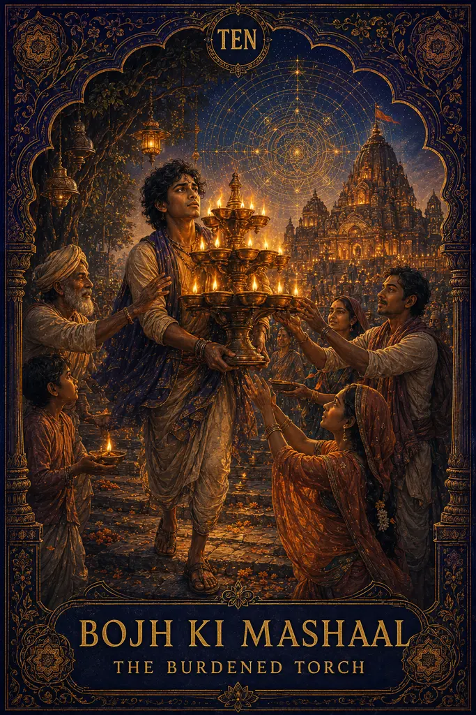 Bojh ki Mashaal, The Burdened Torch, Maya Jyoti Tarot card artwork