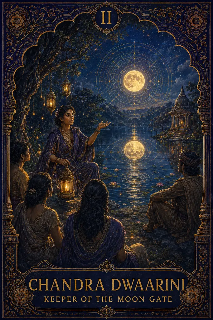 Chandra Dwaarini, Keeper of the Moon Gate, Maya Jyoti Tarot card artwork