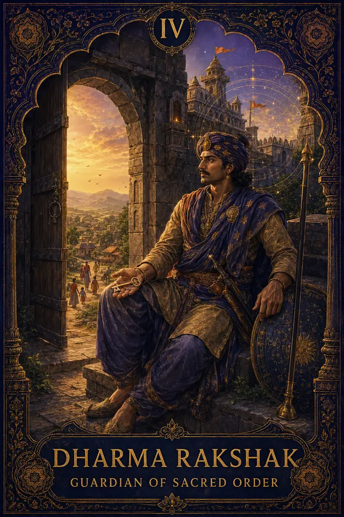 Dharma Rakshak, Guardian of Sacred Order, Maya Jyoti Tarot card artwork