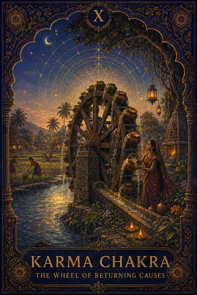 Karma Chakra, The Wheel of Returning Causes, Maya Jyoti Tarot card artwork