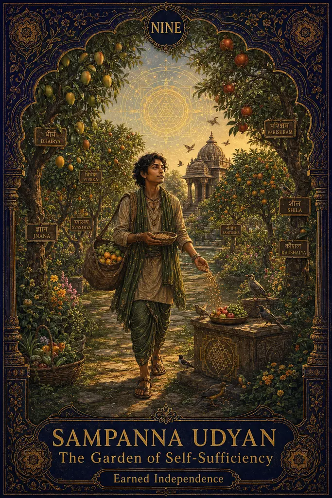 Sampanna Udyan, The Garden of Self-Sufficiency, Maya Jyoti Tarot card artwork