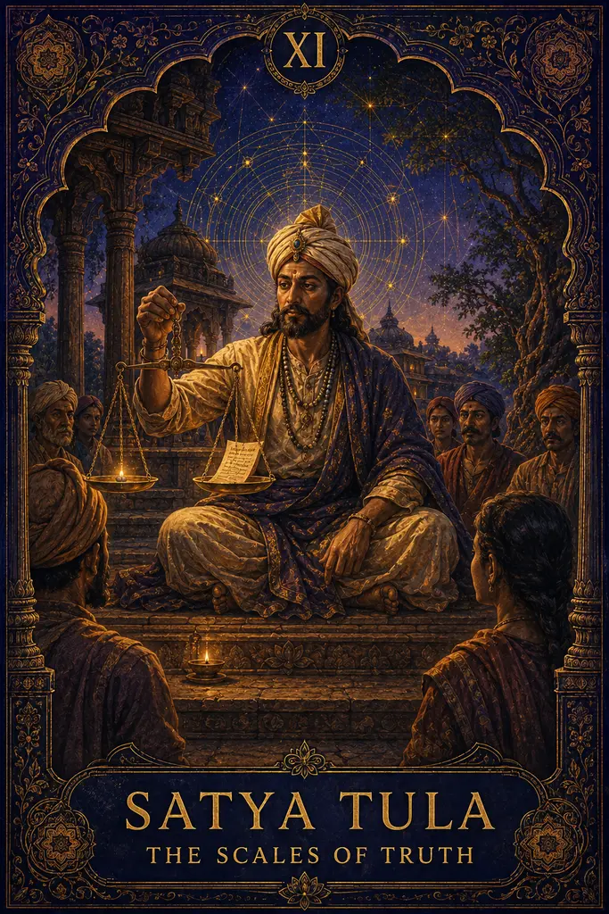 Satya Tula, The Scales of Truth, Maya Jyoti Tarot card artwork