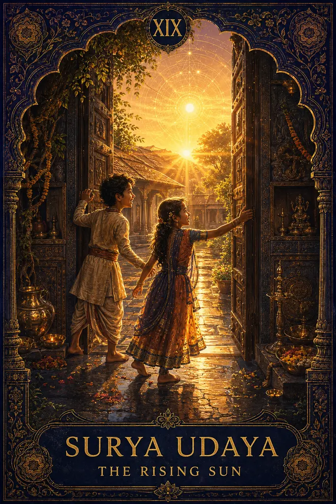 Surya Udaya, The Rising Sun, Maya Jyoti Tarot card artwork