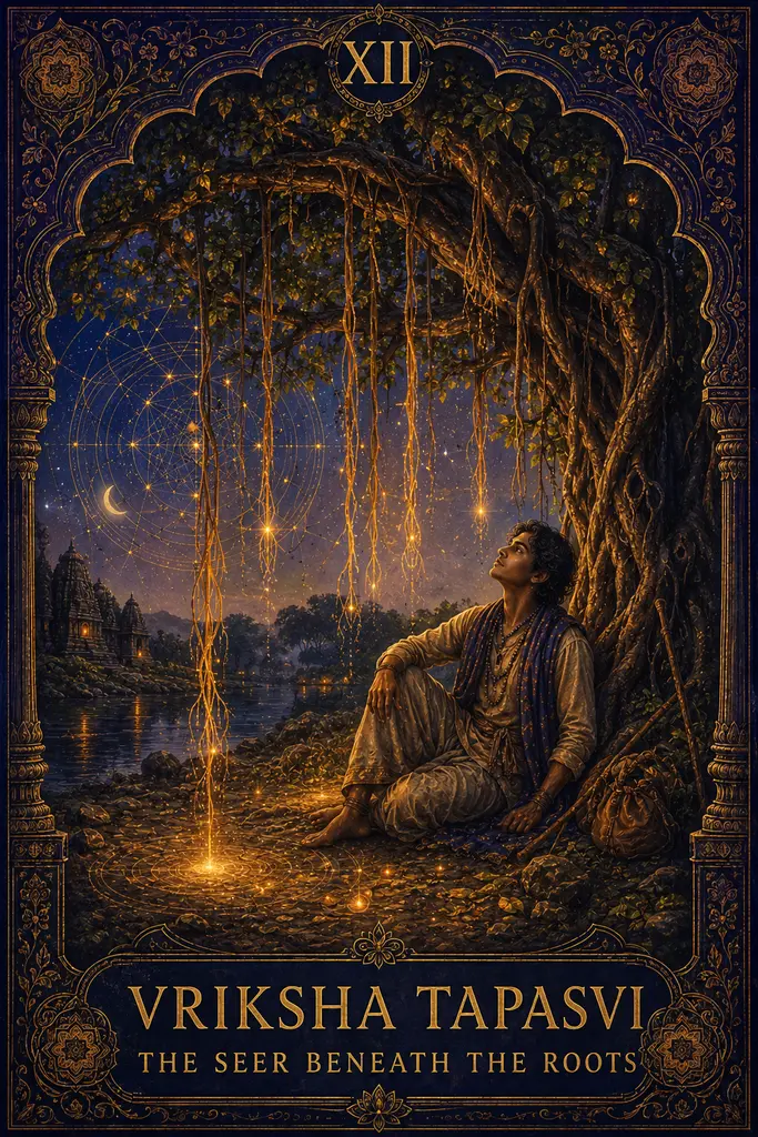 Vriksha Tapasvi, The Seer Beneath the Roots, Maya Jyoti Tarot card artwork
