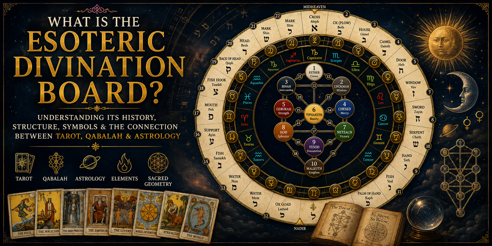 Esoteric Divination Board combining a Tree of Life with concentric symbolic rings
