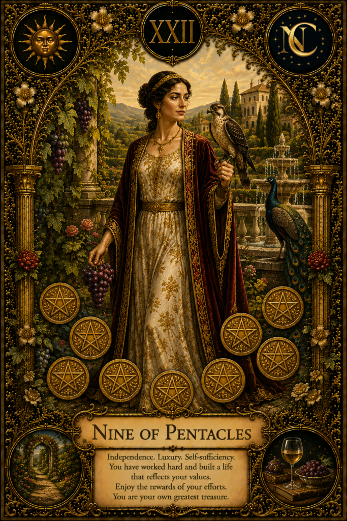 Nine of Pentacles Tarot Card